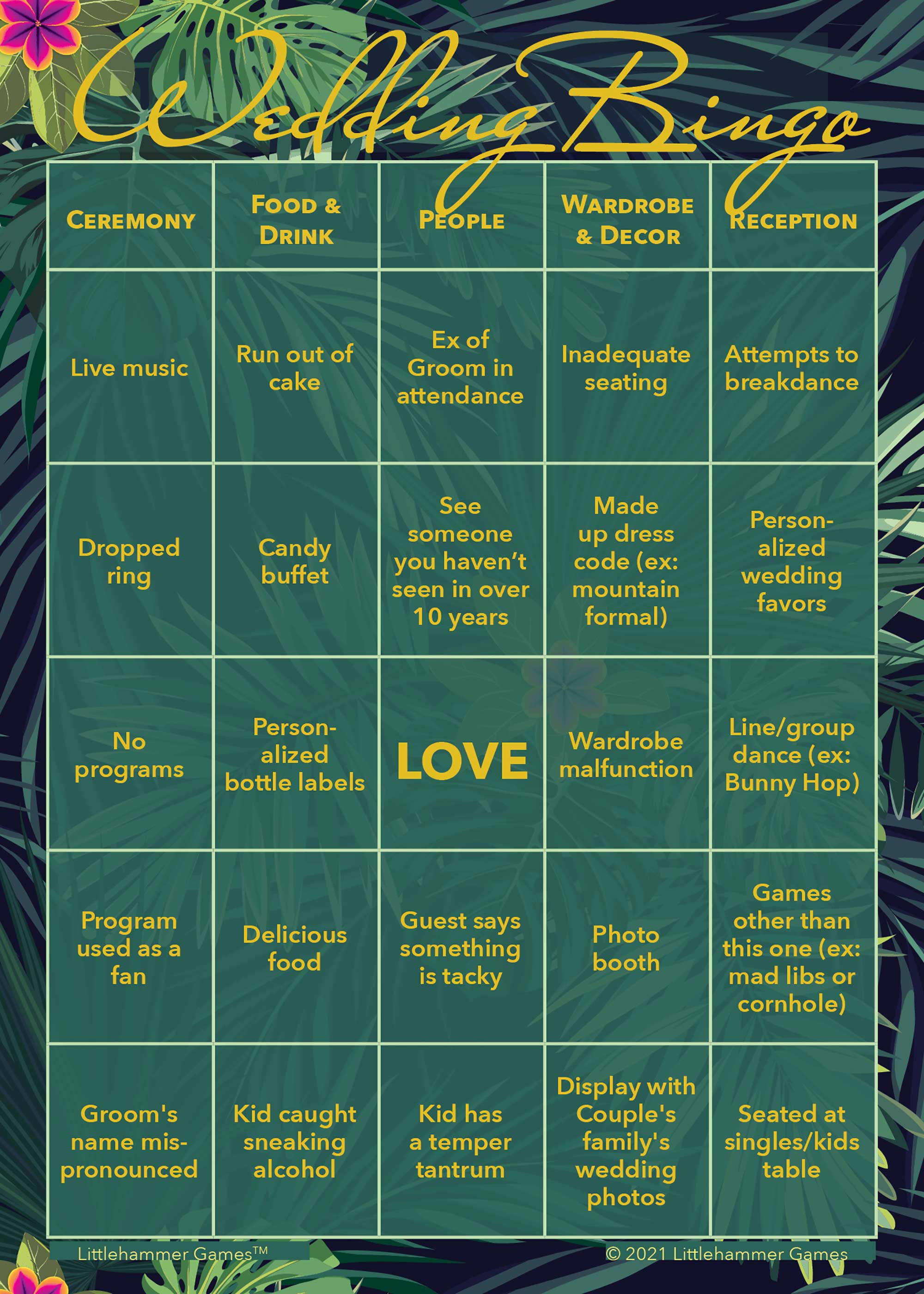 2 Grooms Wedding Bingo wedding game card with tropical layout