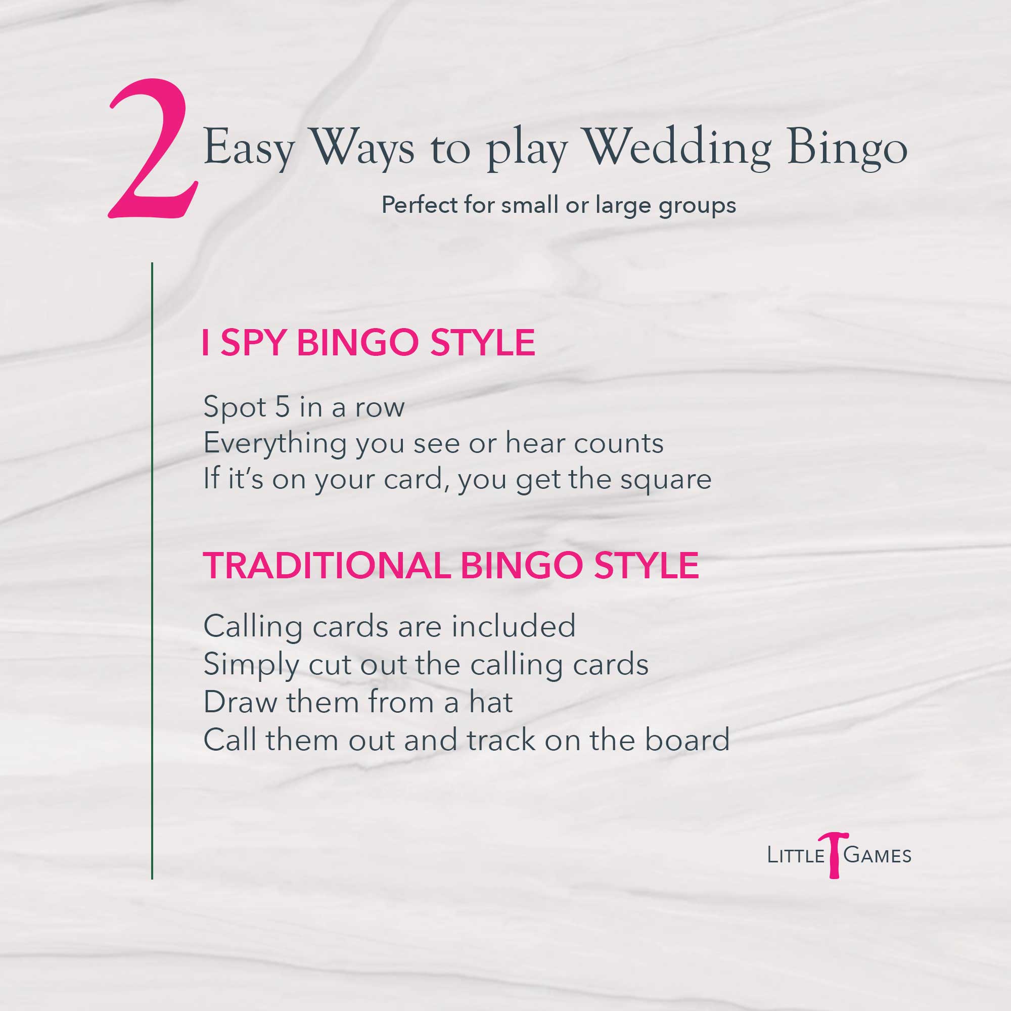 2 Brides Wedding Bingo printable game instructions showing two ways to play: I Spy style and traditional calling card style