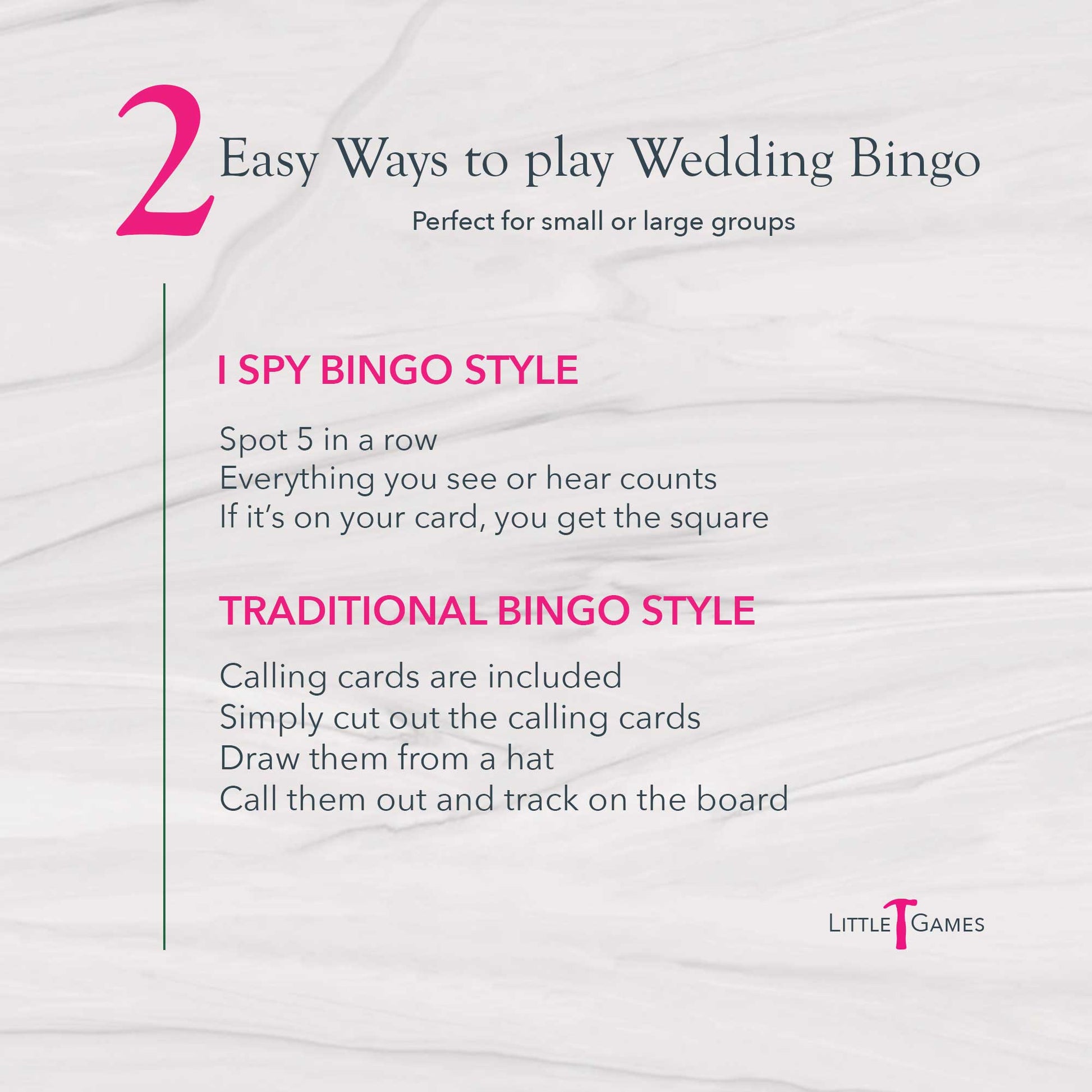 2 Grooms Wedding Bingo printable game instructions showing two ways to play: I Spy style and traditional calling card style