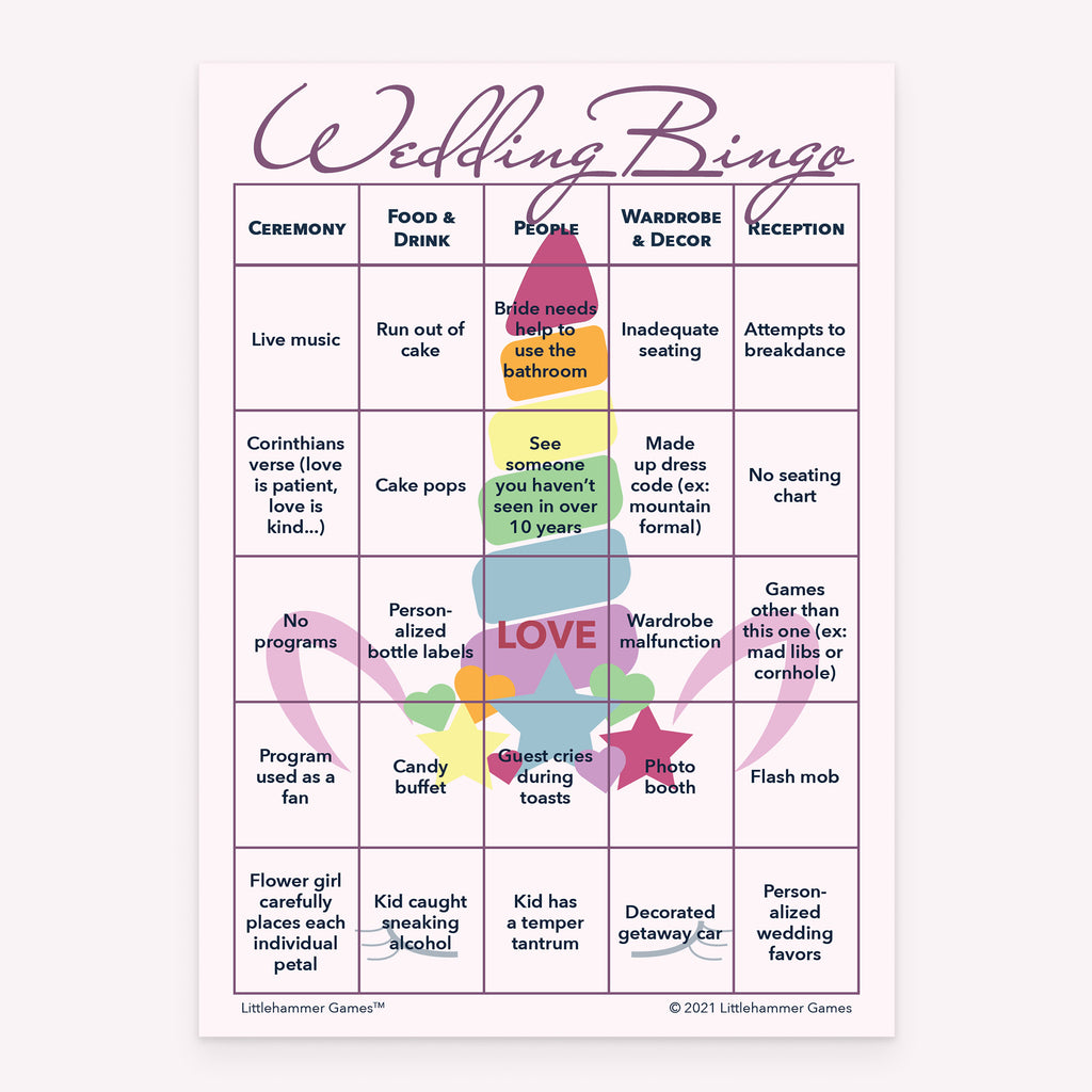 Bride and Groom Wedding Bingo printable wedding game card with unicorn background