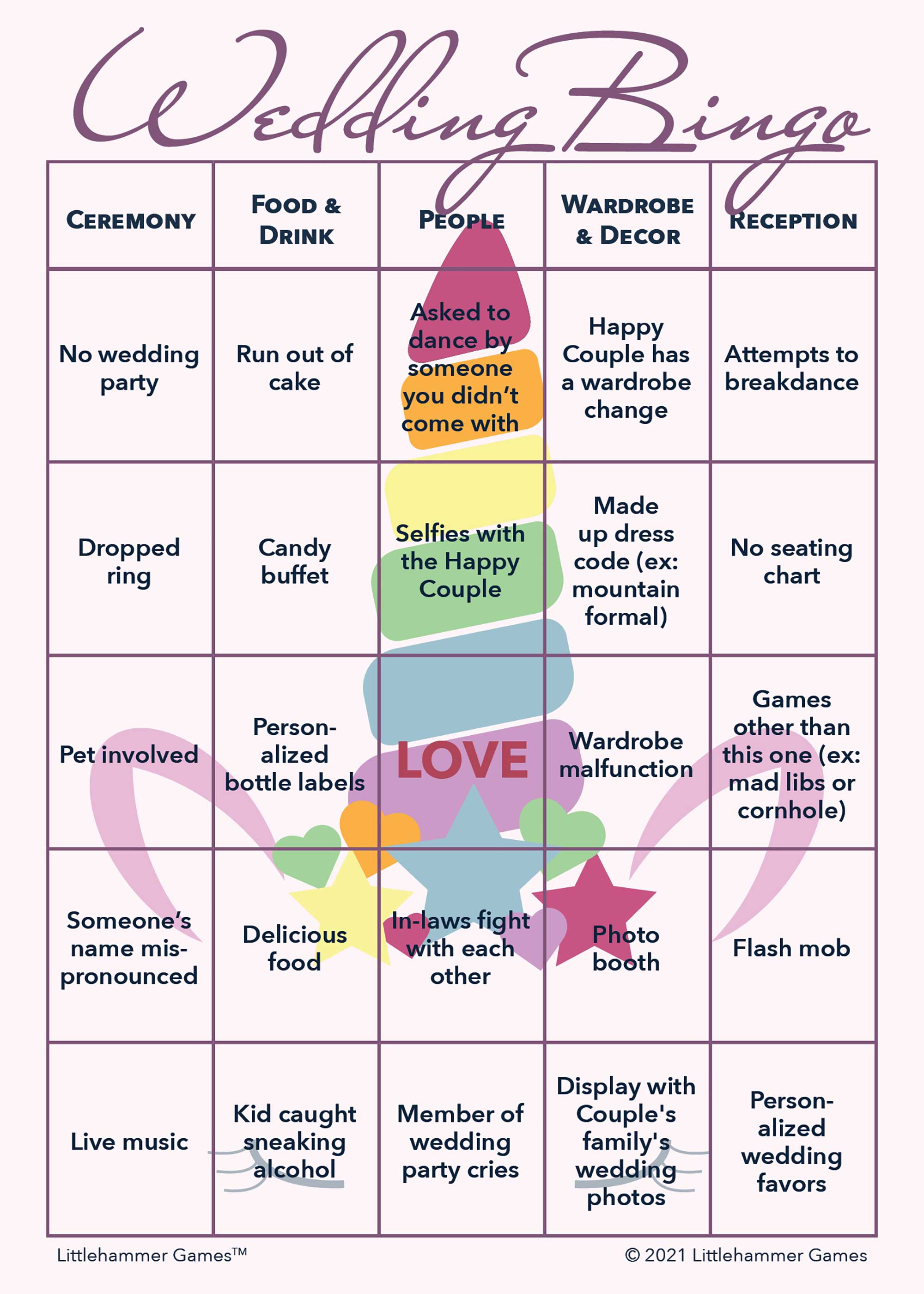 Gender Neutral Wedding Bingo printable activity card in unicorn design