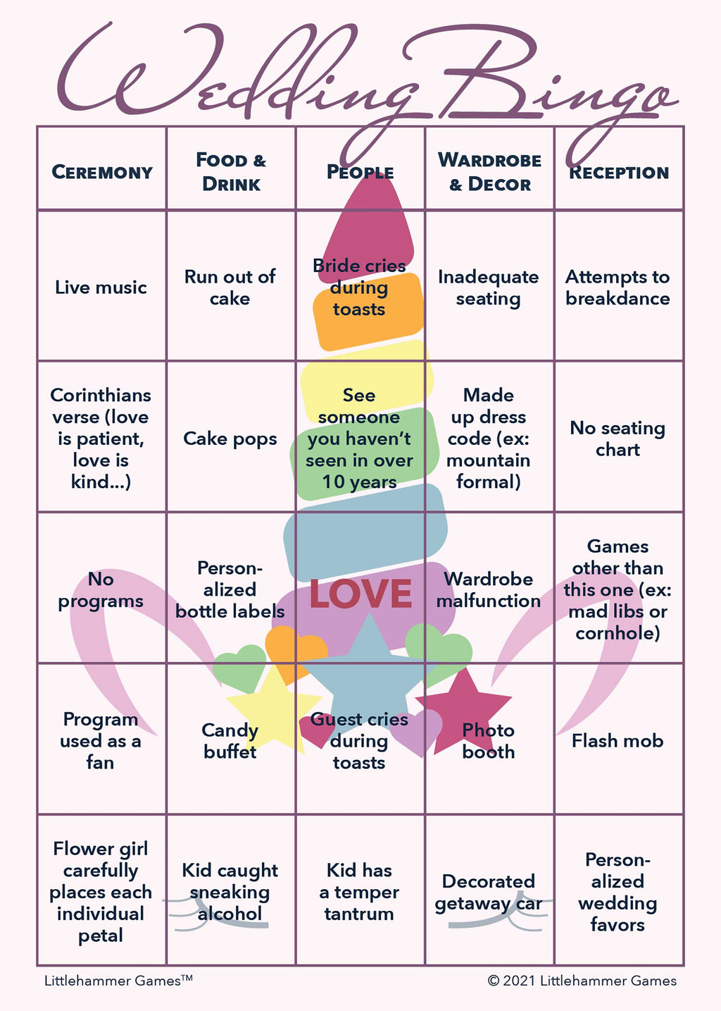 Unicorn style printable 2 Brides Wedding Bingo card