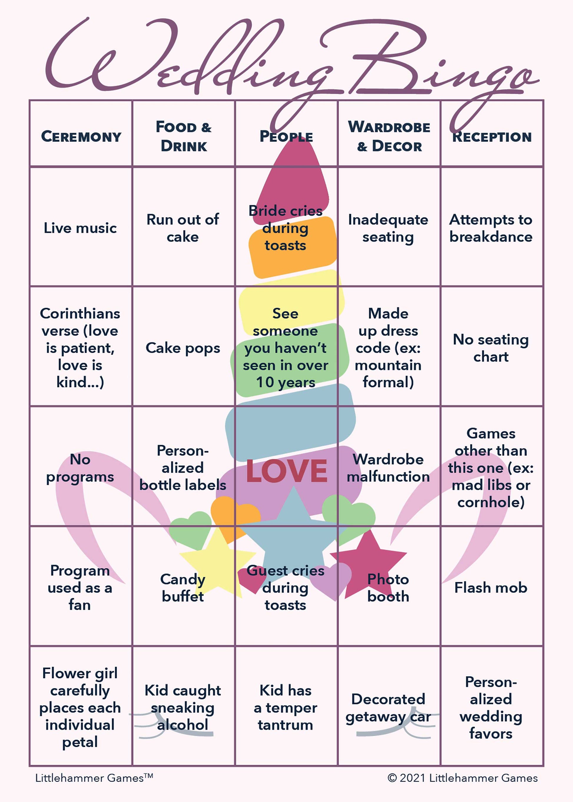 Unicorn style printable 2 Brides Wedding Bingo card