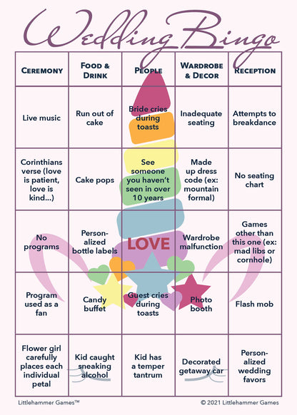 Unicorn style printable 2 Brides Wedding Bingo card