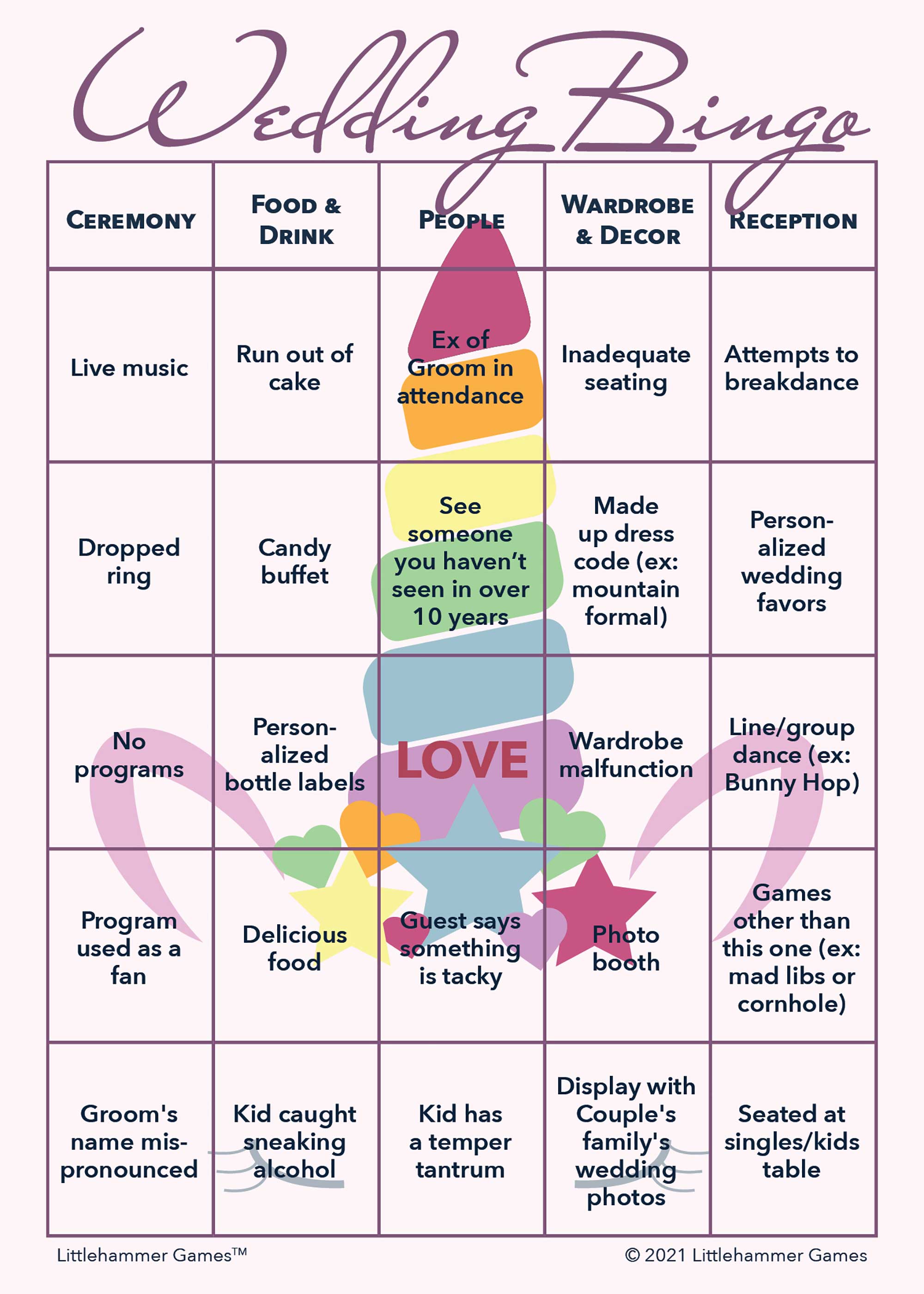 2 Grooms Wedding Bingo game card printable in unicorn design