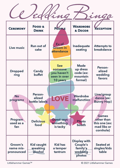 2 Grooms Wedding Bingo game card printable in unicorn design
