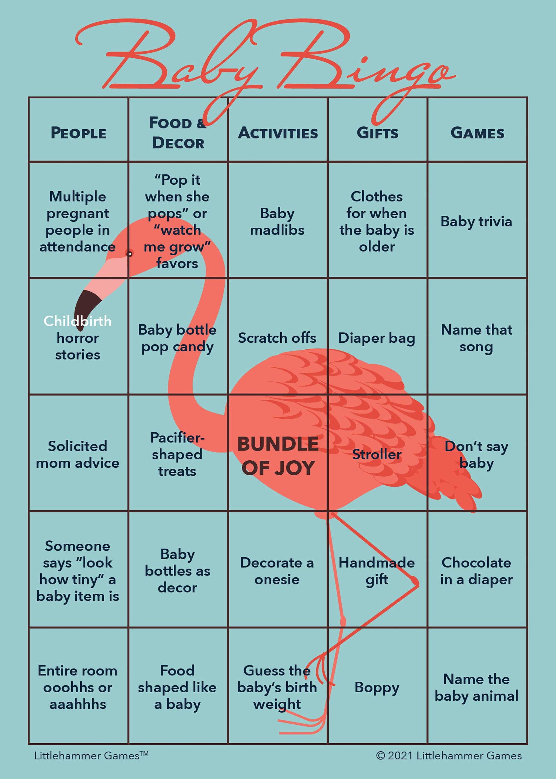 Baby Bingo game card on a flamingo background