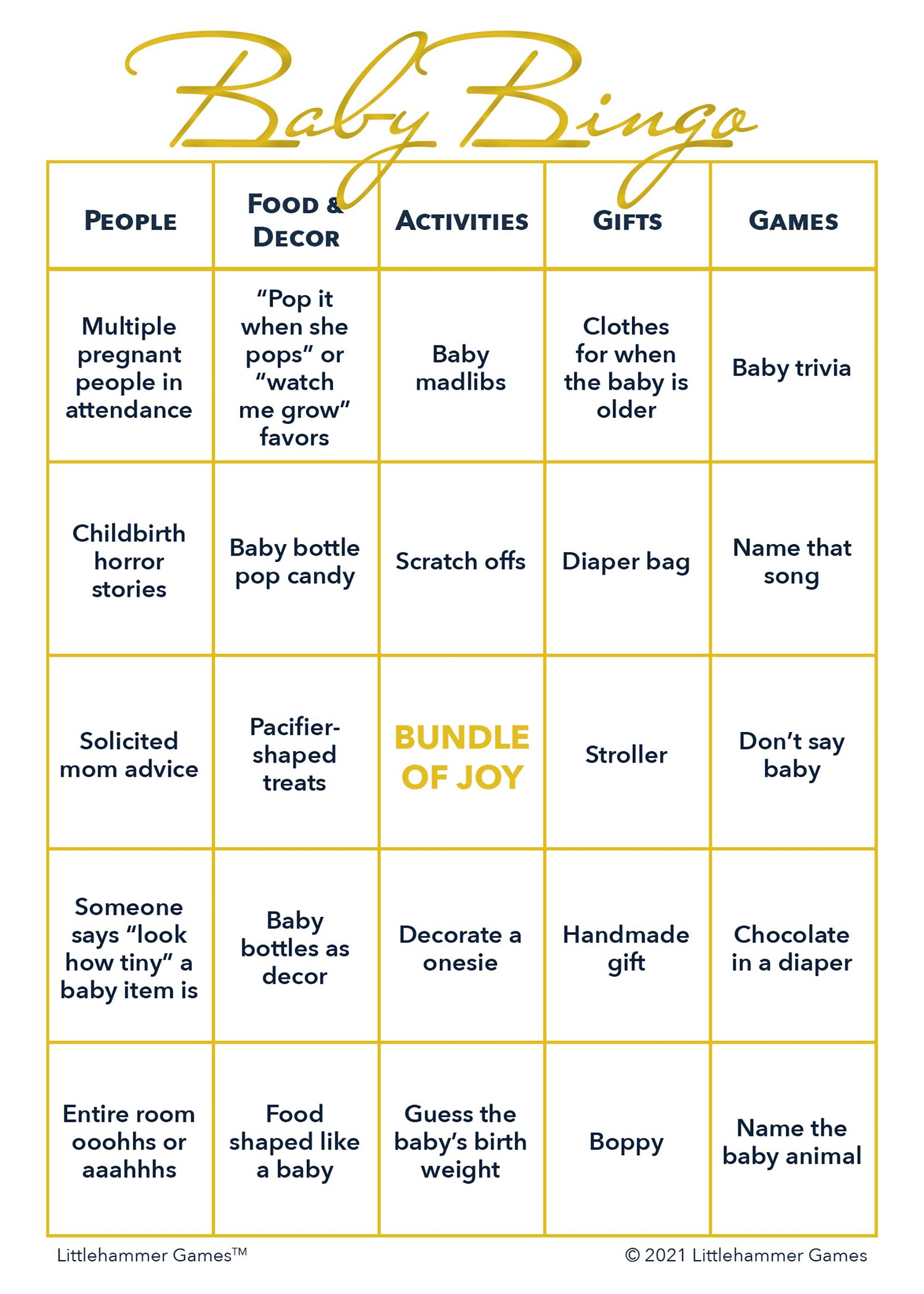 Baby Bingo game card with gold text on a white background
