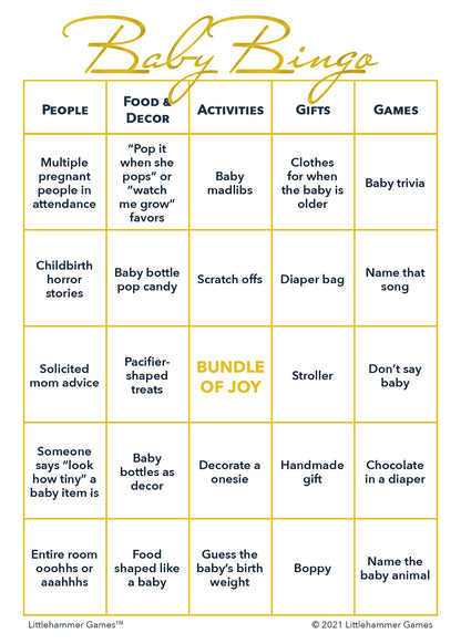 Baby Bingo game card with gold text on a white background