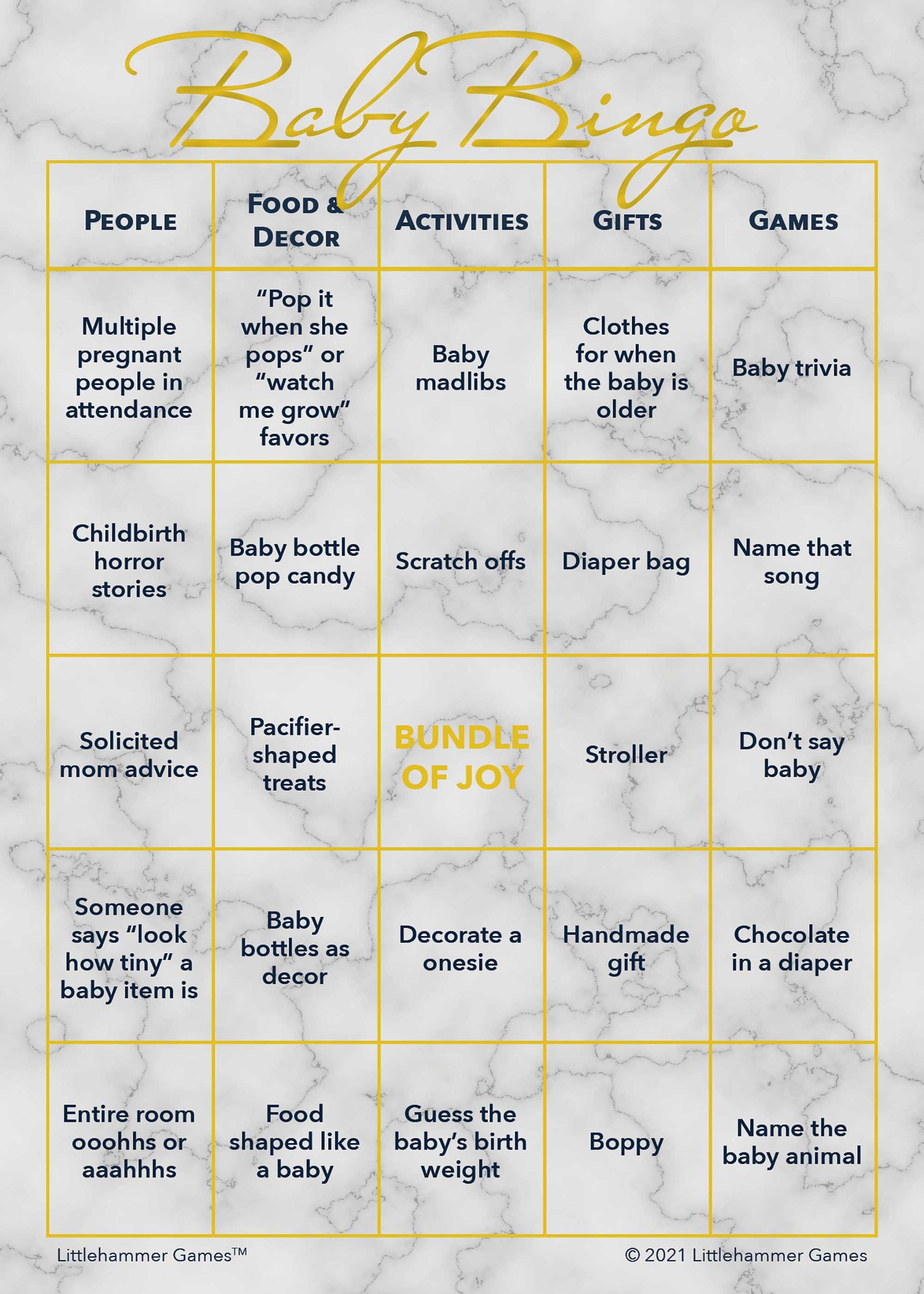 Baby Bingo game card with gold text on a marble background