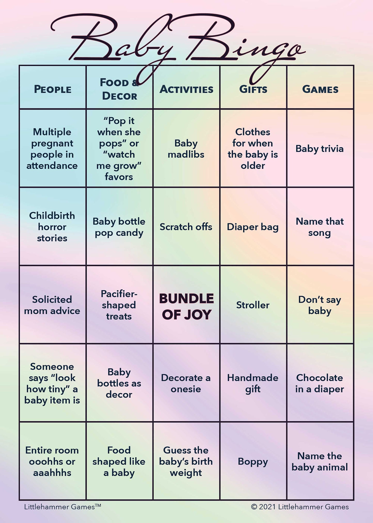 Baby Bingo game card with an iridescent holographic background