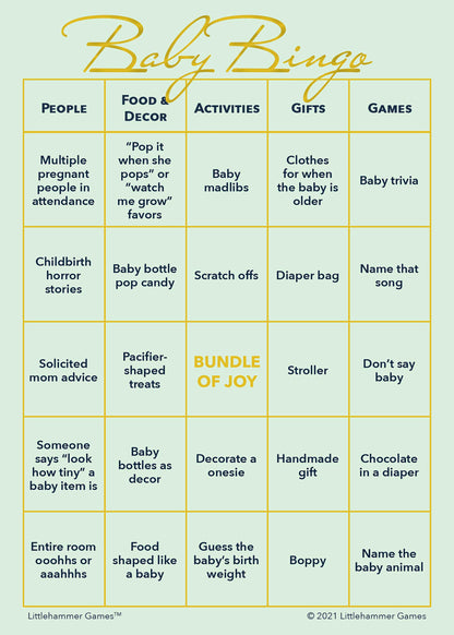 Baby Bingo game card with gold text on a mint background
