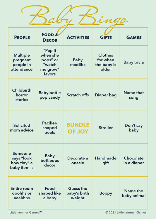 Baby Bingo game card with gold text on a mint background
