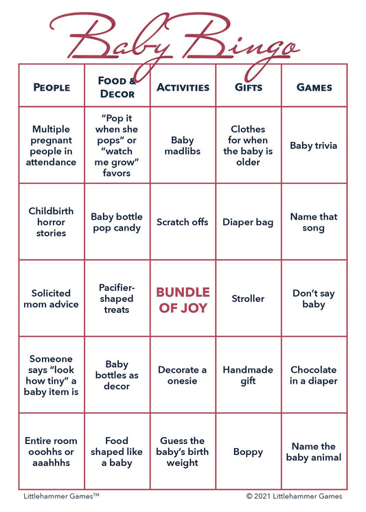 Baby Bingo game card with rose gold text on a white background