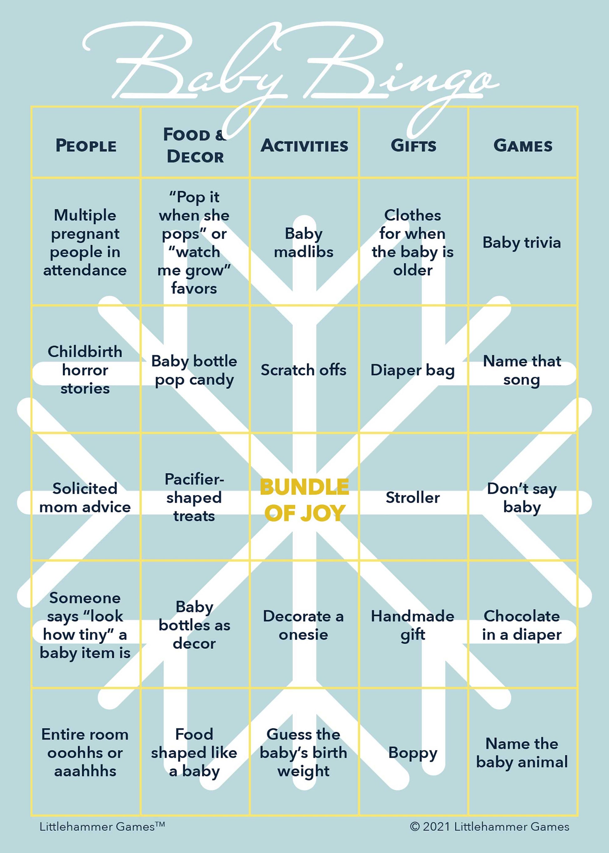 Baby Bingo game card with a big snowflake on a light blue background