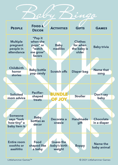Baby Bingo game card with a big snowflake on a light blue background