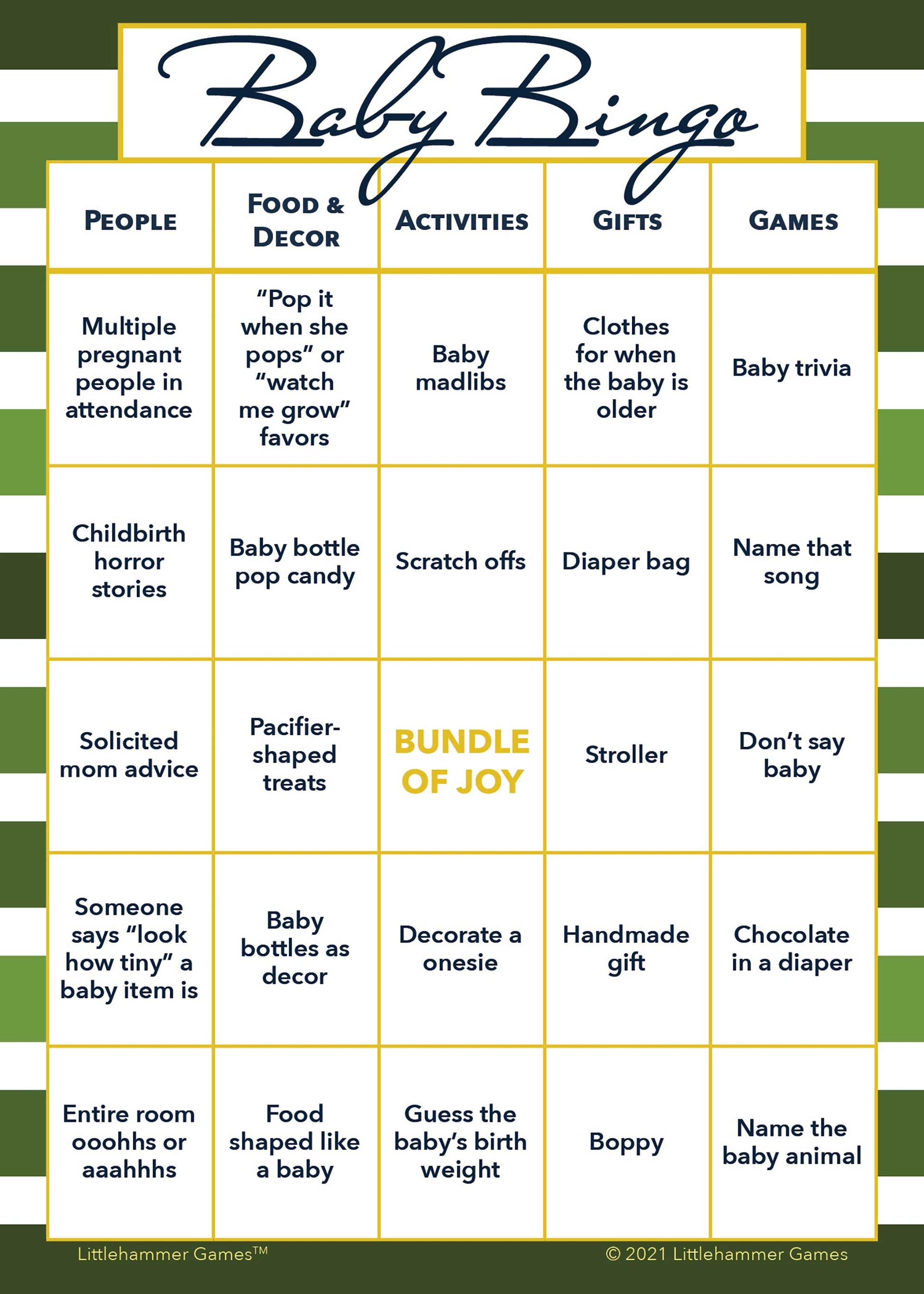 Baby Bingo game card on a green-striped background