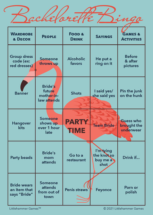 Bachelorette Bingo game card with a bright flamingo on a blue background