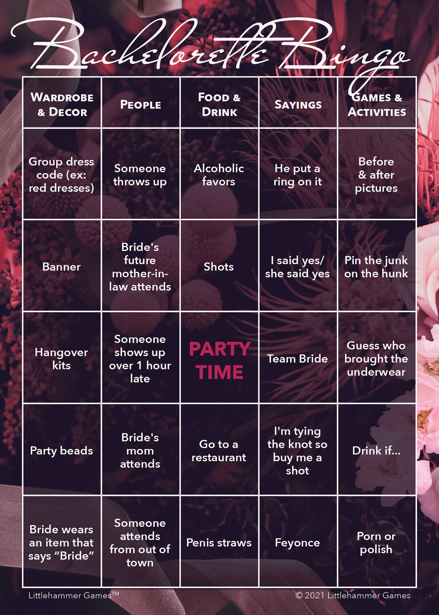 Bachelorette Bingo game card with white text on a dark floral background
