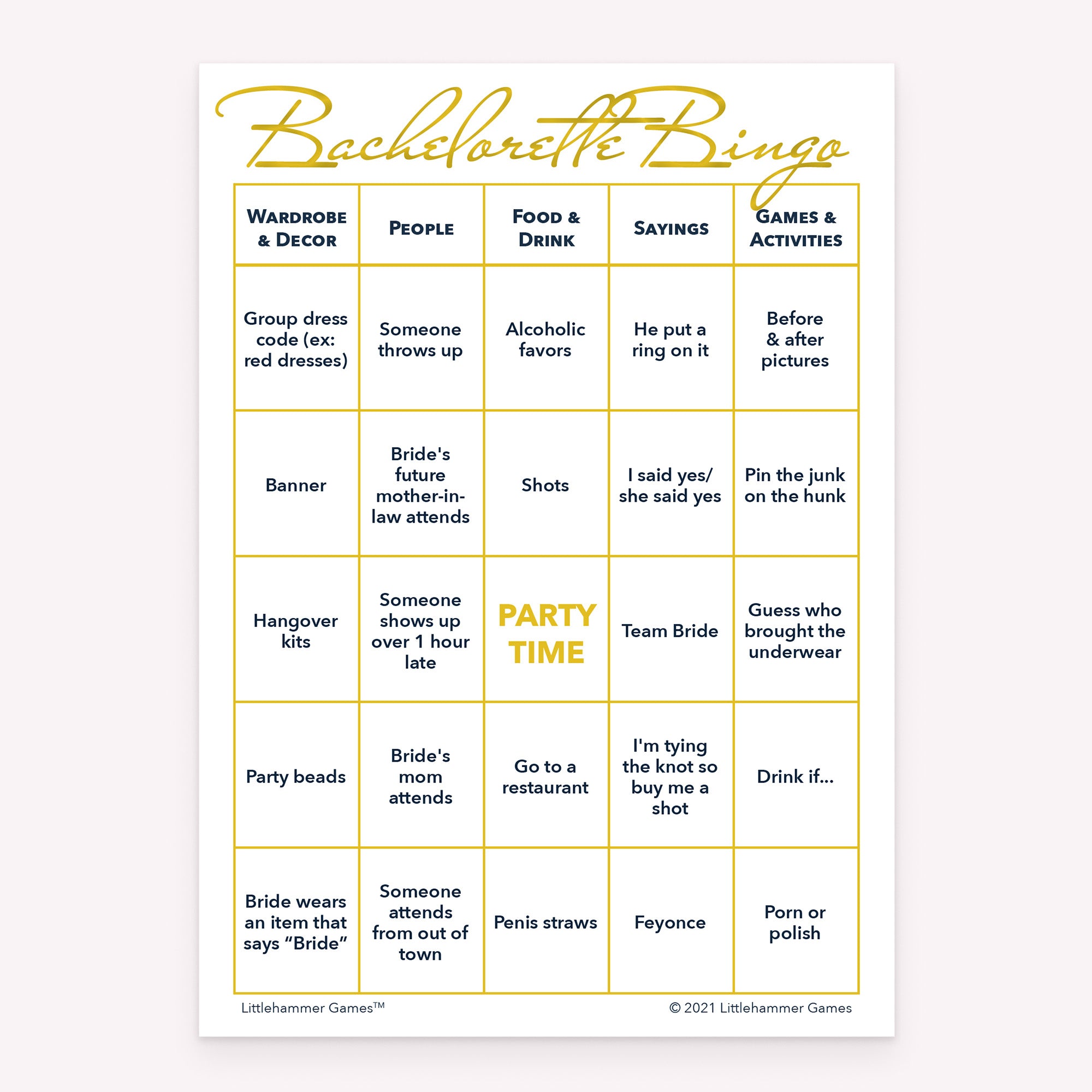 Bachelorette Bingo game card with gold text on a white background