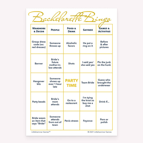 Gold and white style printable bachelorette party Bachelorette Bingo card