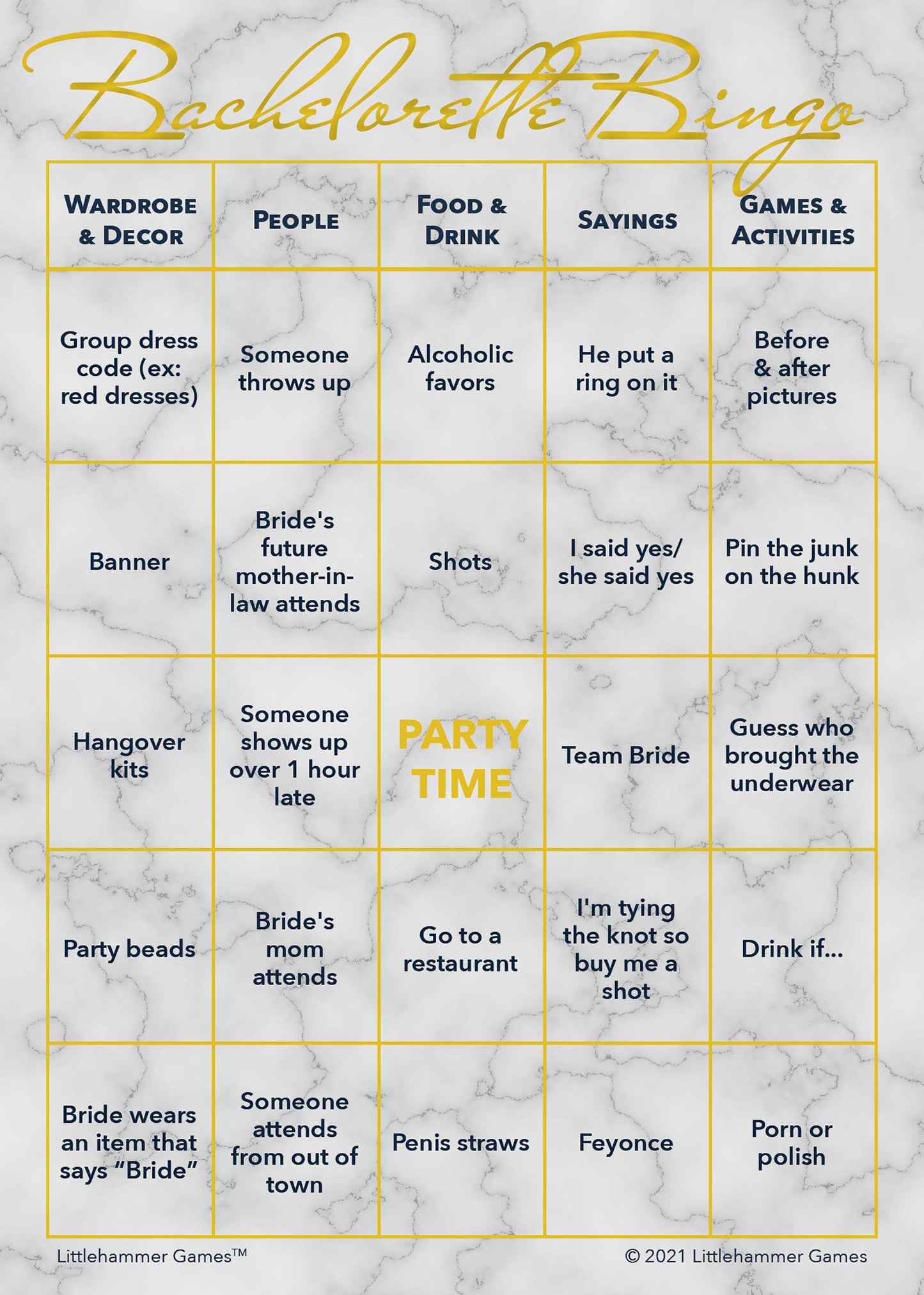 Bachelorette Bingo game card with gold text on a marble background