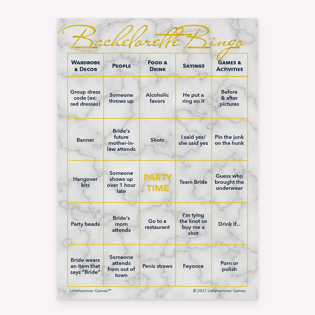 Bachelorette party Bachelorette Bingo game card printable in gold and marble design