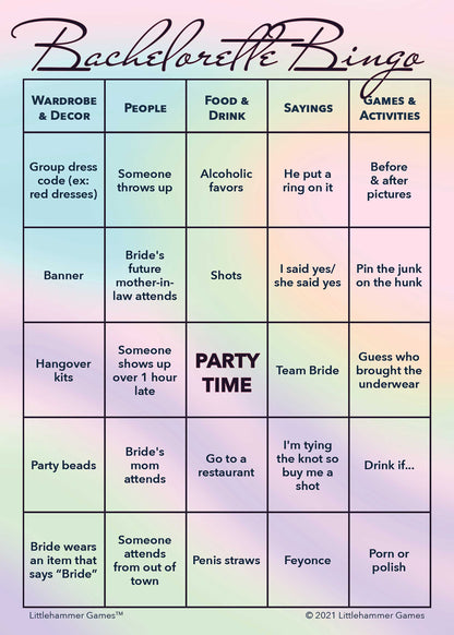 Bachelorette Bingo game card with a holographic-themed background