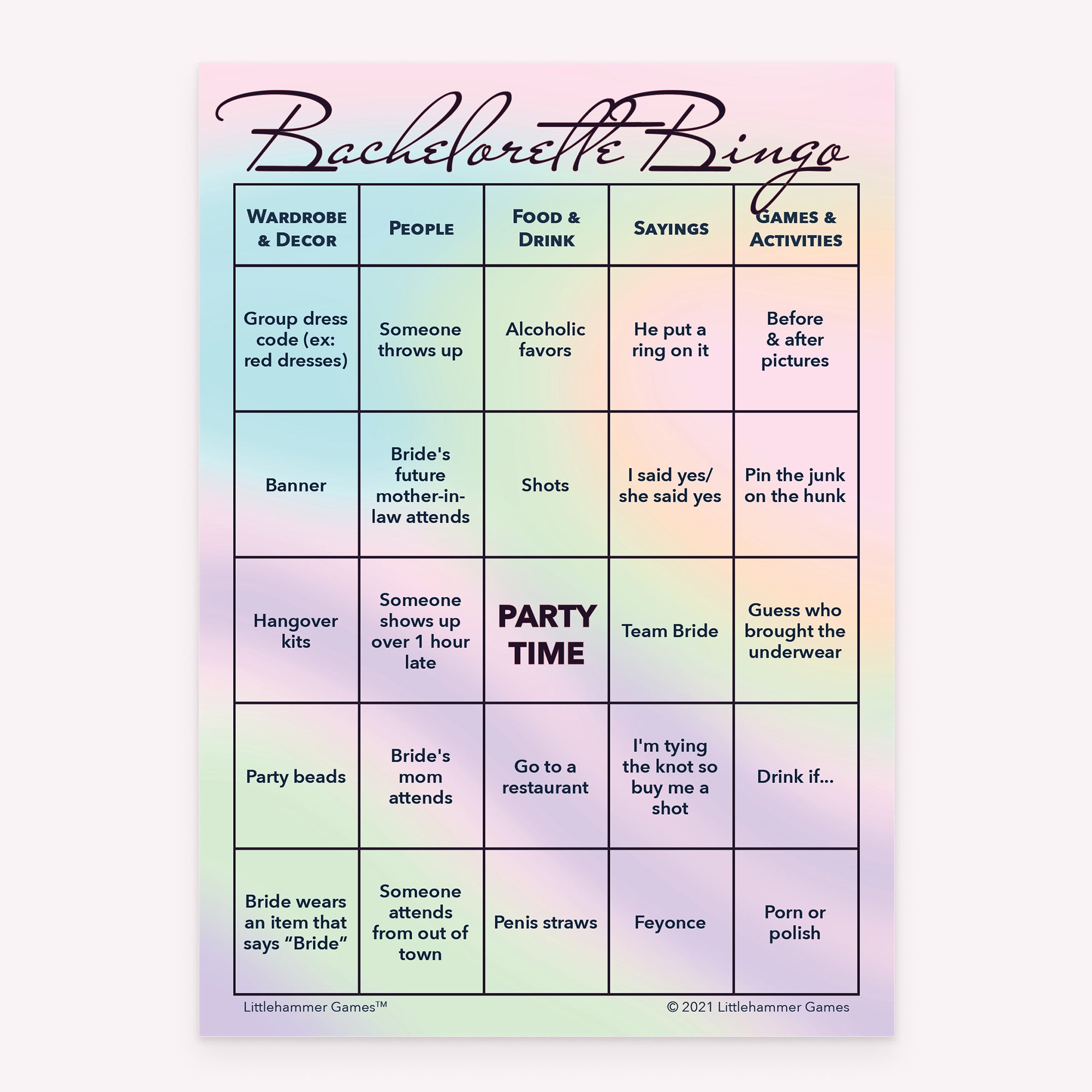 Bachelorette Bingo game card with a holographic-themed background