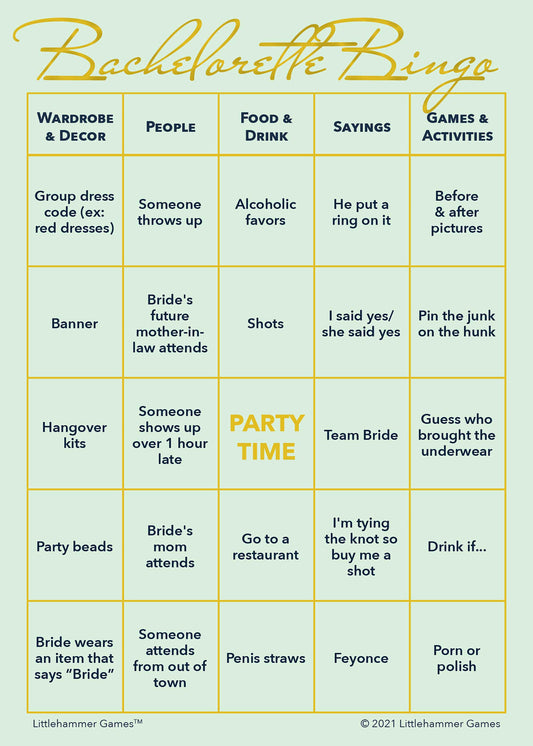 Bachelorette Bingo game card with gold text on a mint background
