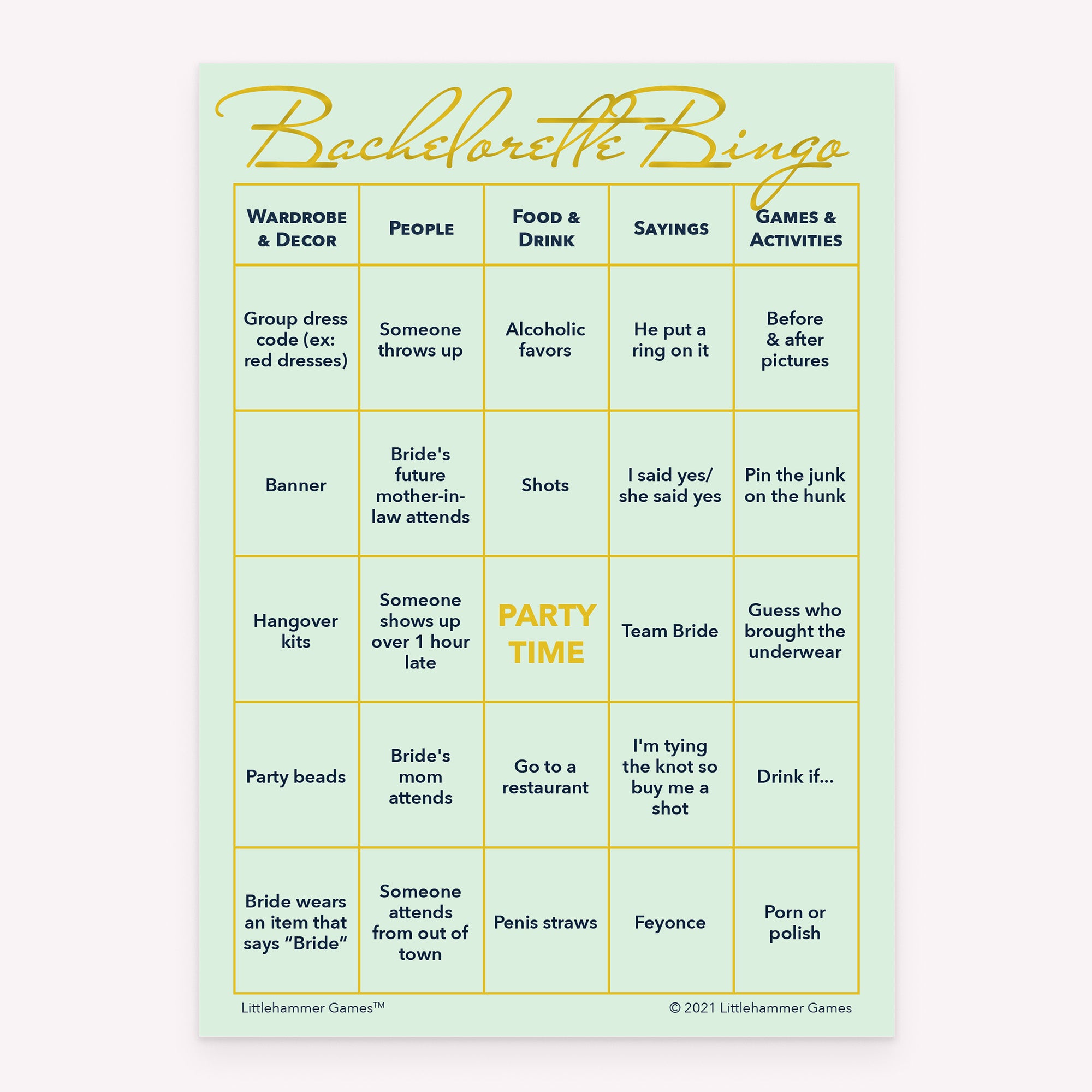 Bachelorette Bingo game card with gold text on a mint background