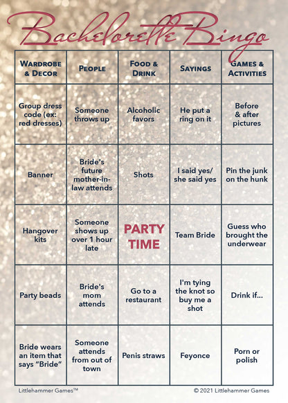 Bachelorette Bingo game card with a glittery rose gold background