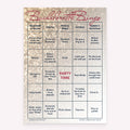 Bachelorette Bingo bachelorette party game card with glittery rose gold layout