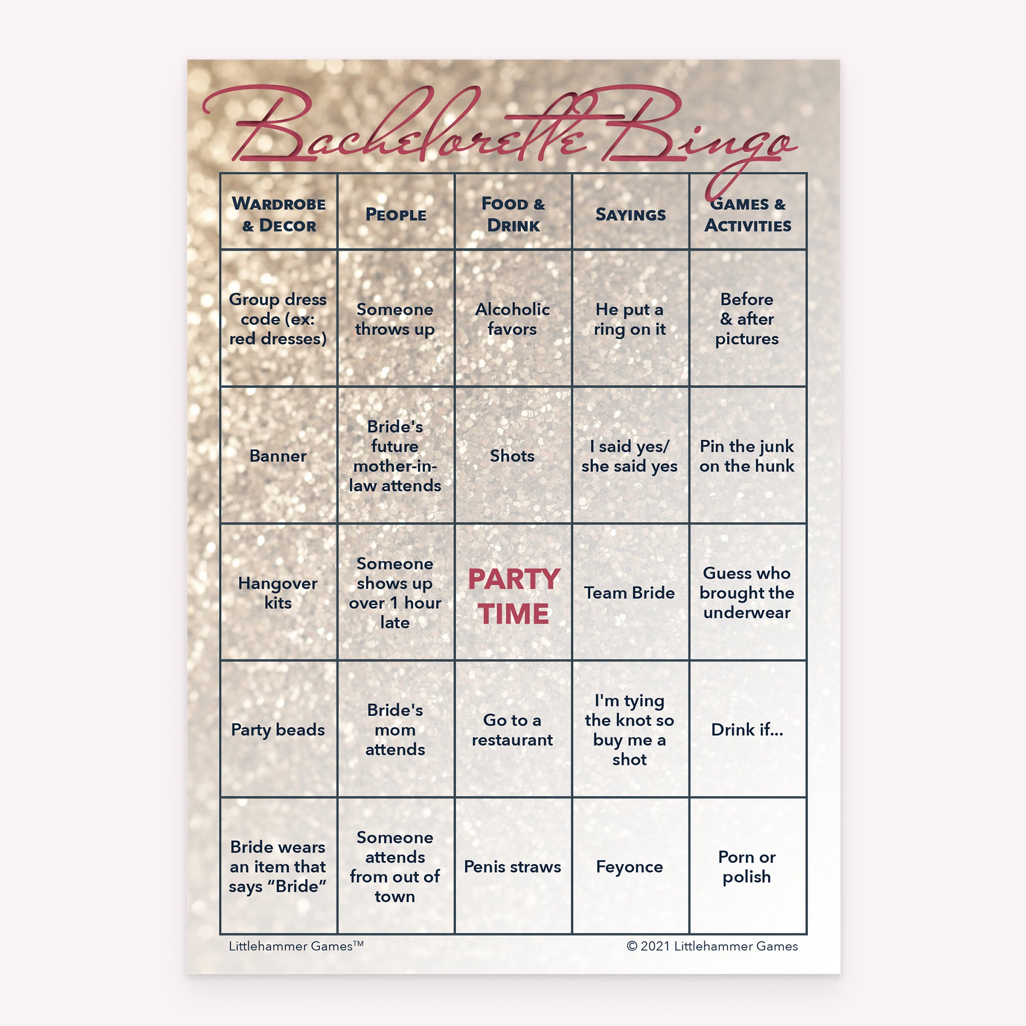 Bachelorette Bingo game card with a glittery rose gold background