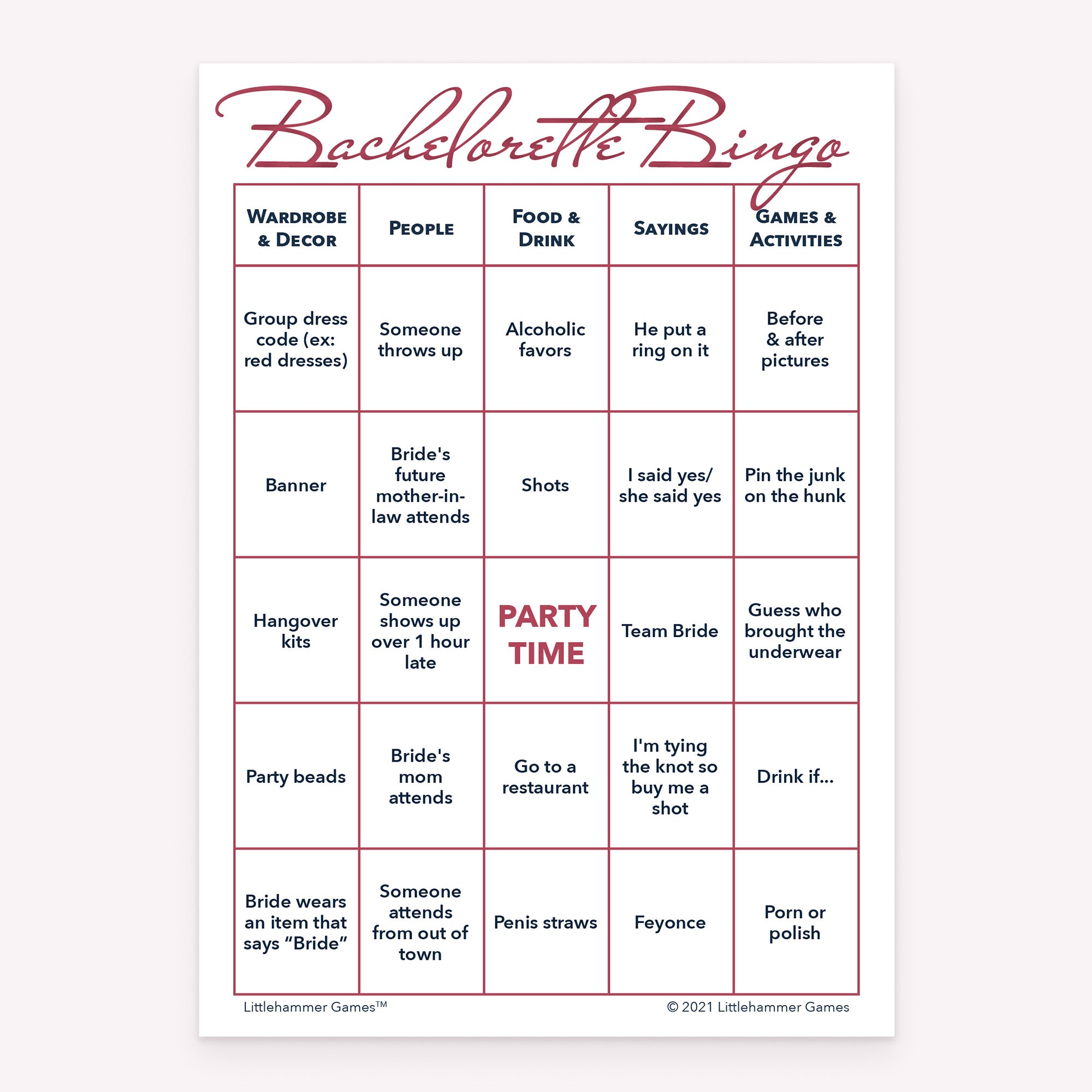 Bachelorette Bingo game card with rose gold text on a white background
