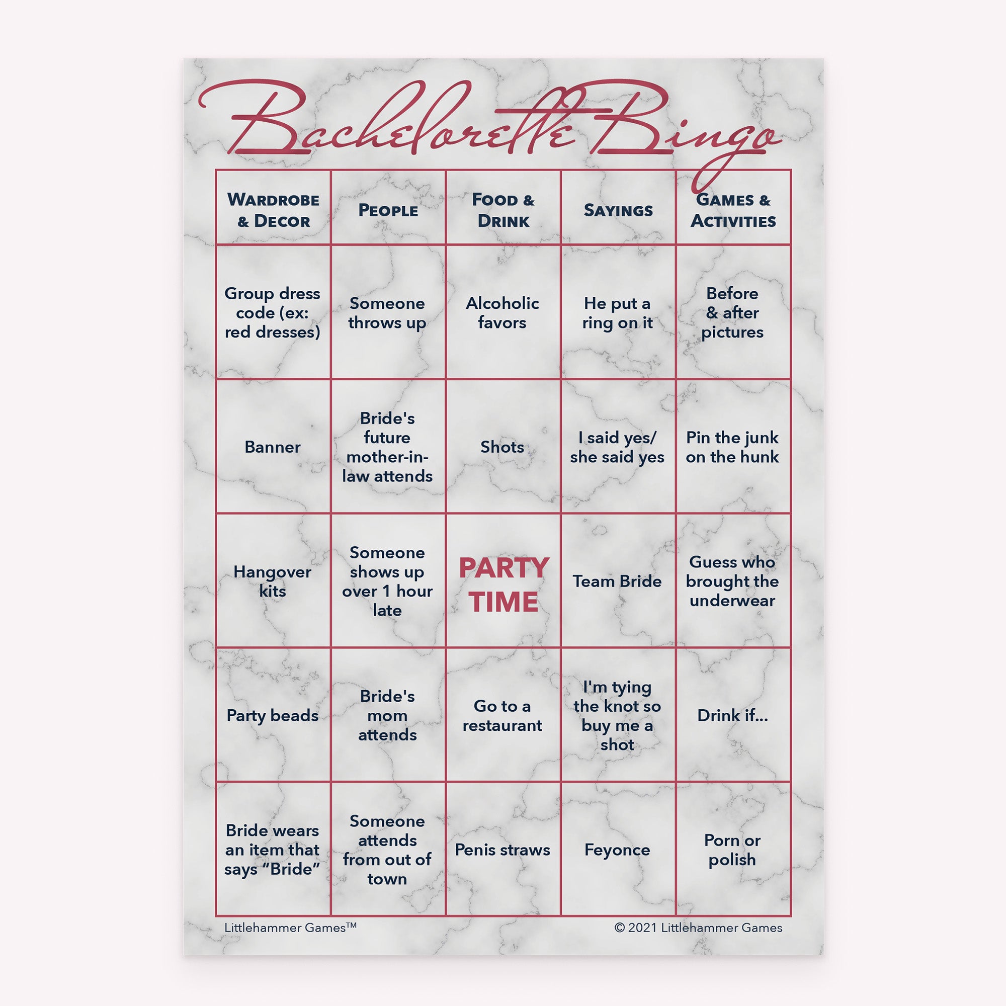 Bachelorette Bingo game card with rose gold text on a marble background