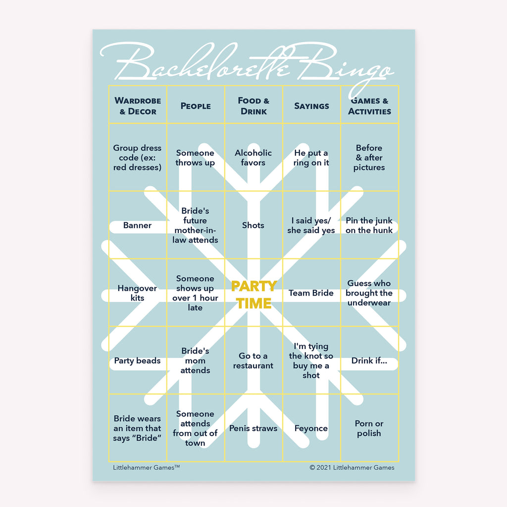Minimal snowflake-themed Bachelorette Bingo bachelorette party printable card