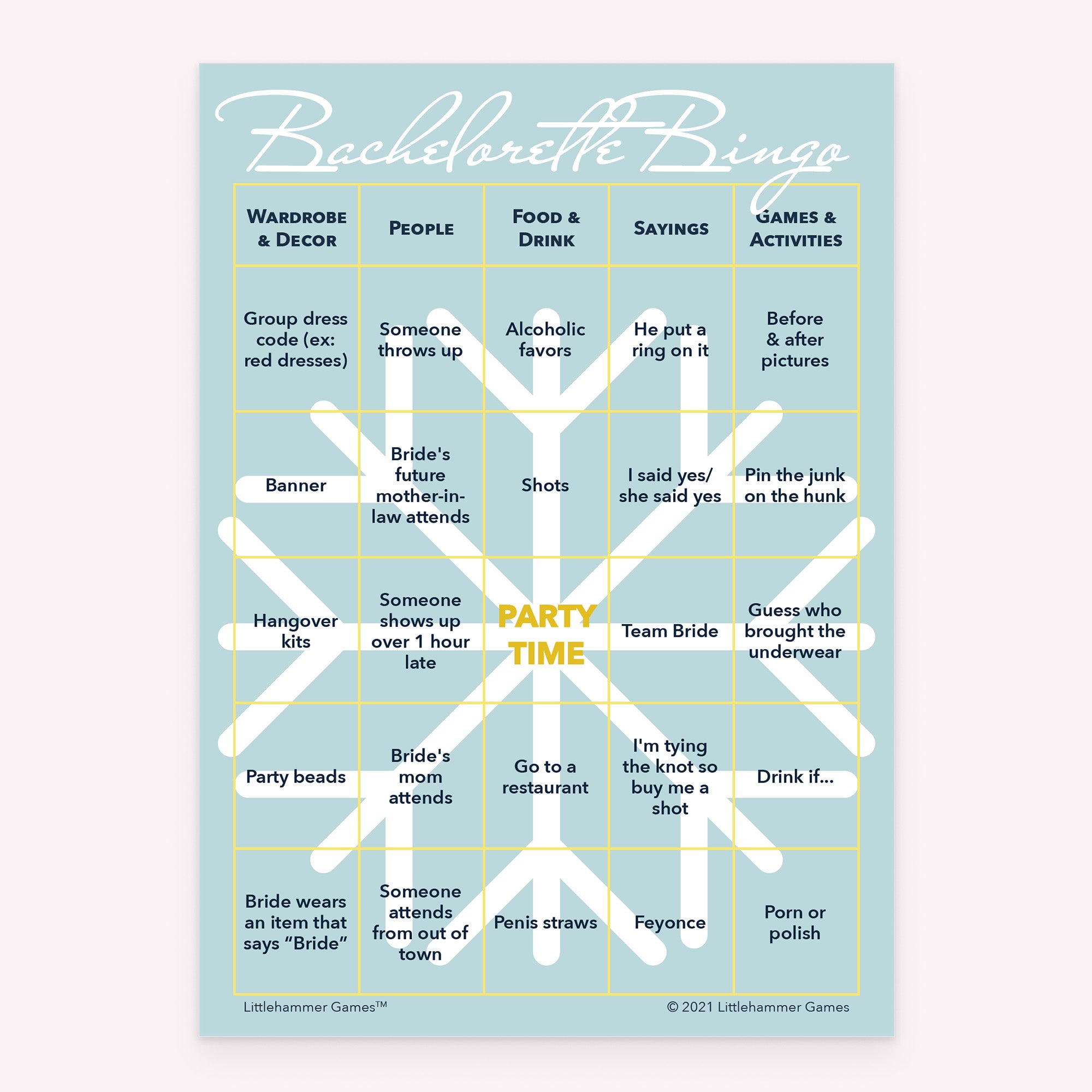 Bachelorette Bingo game card with a white snowflake on a blue background