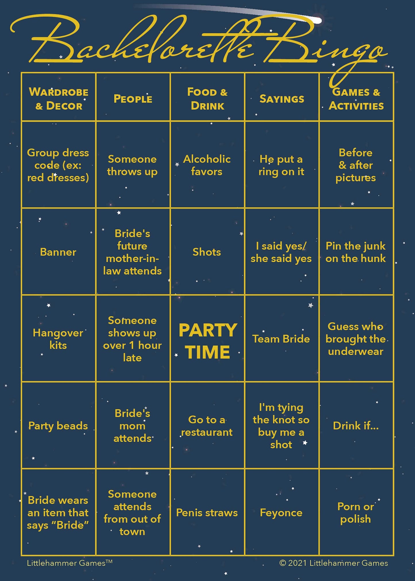 Bachelorette Bingo game card with gold text on a celestial background