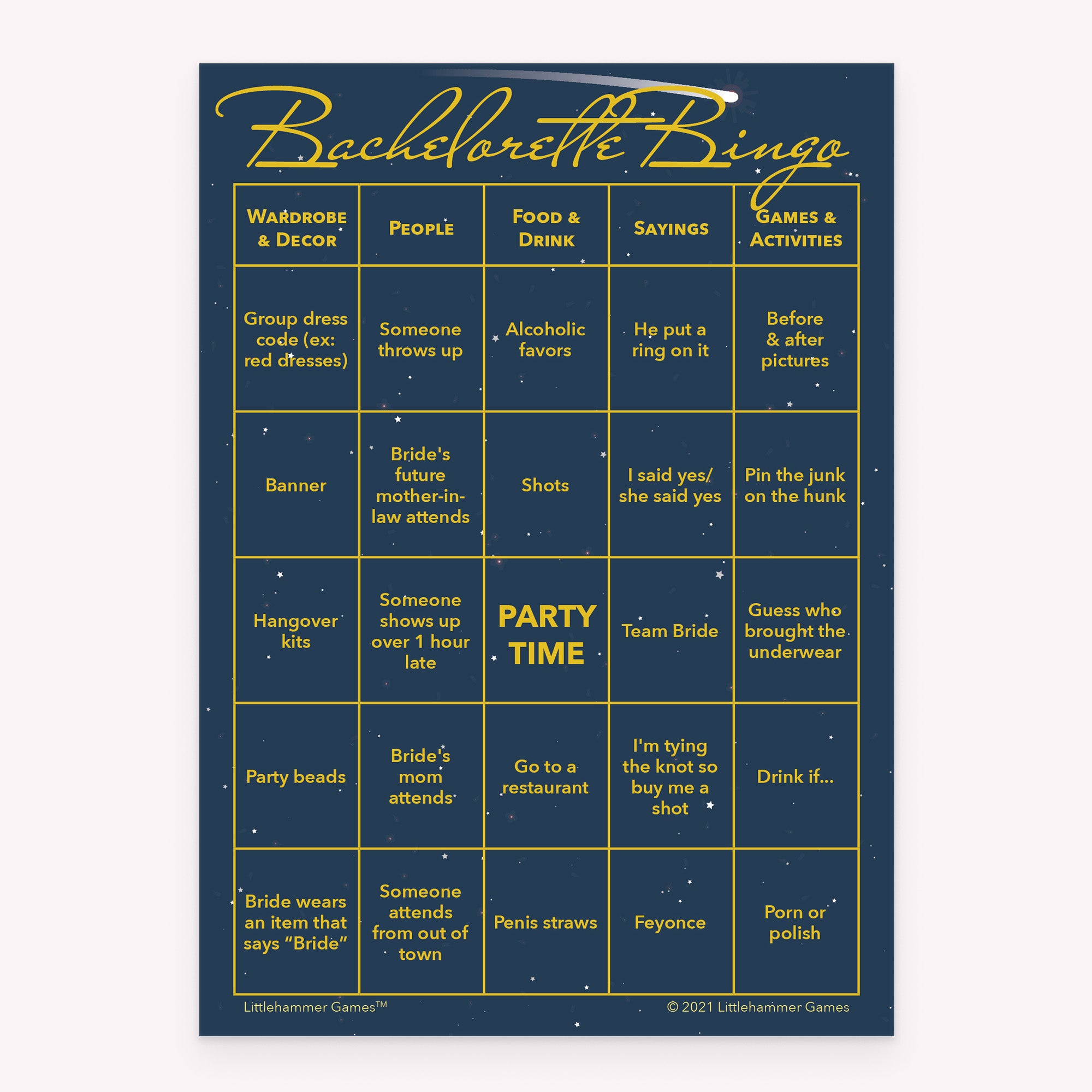 Bachelorette Bingo game card with gold text on a celestial background