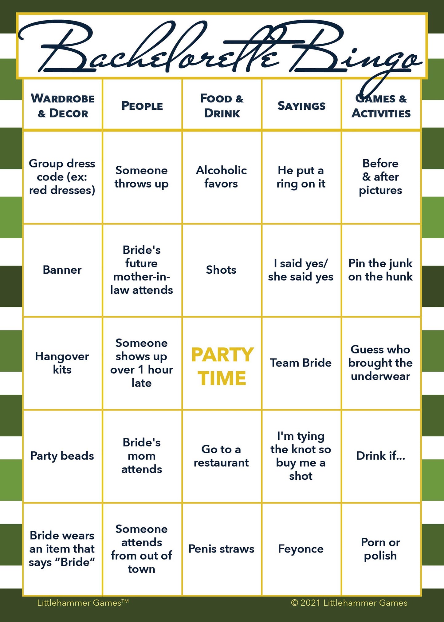 Bachelorette Bingo game card with a green-striped background