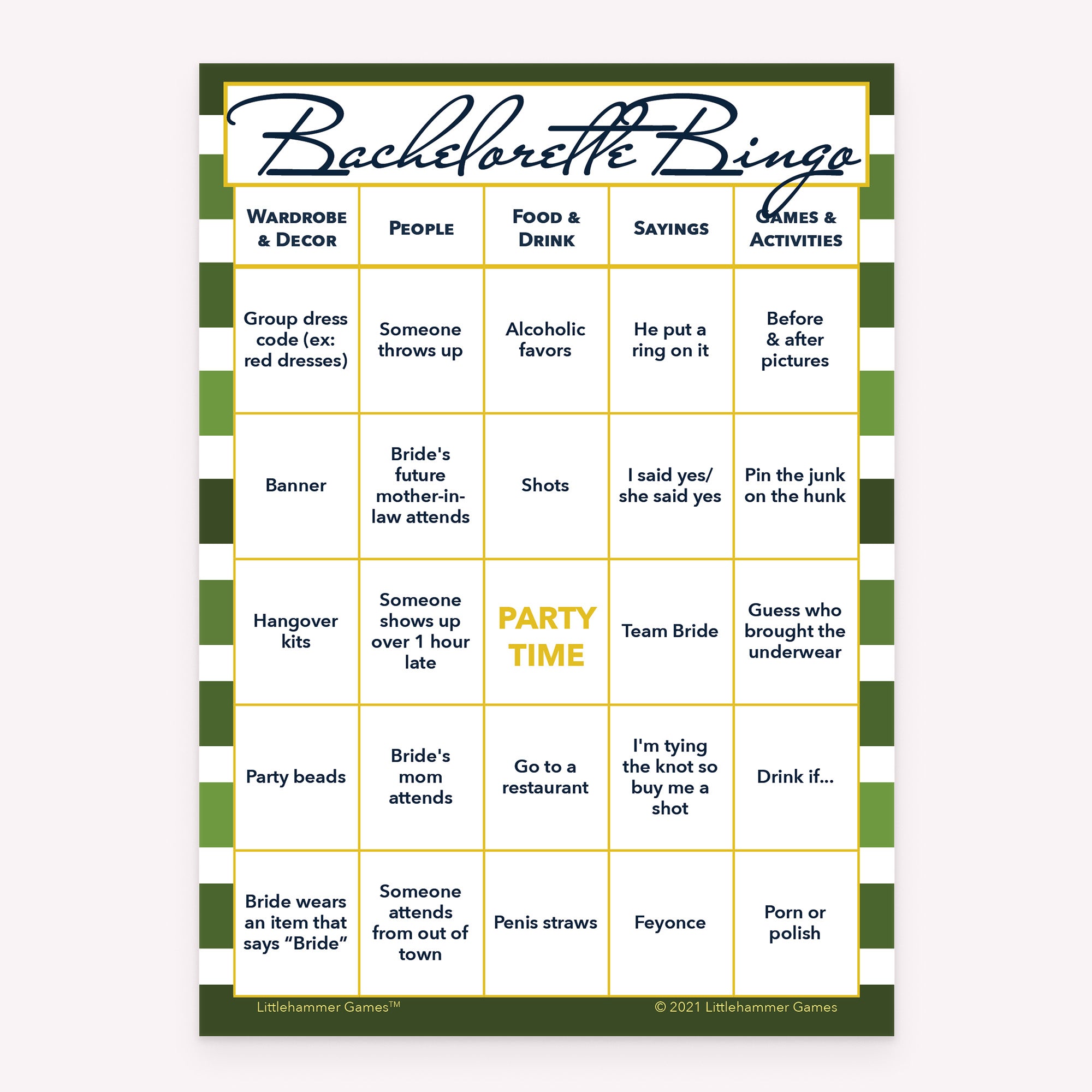 Bachelorette Bingo game card with a green-striped background