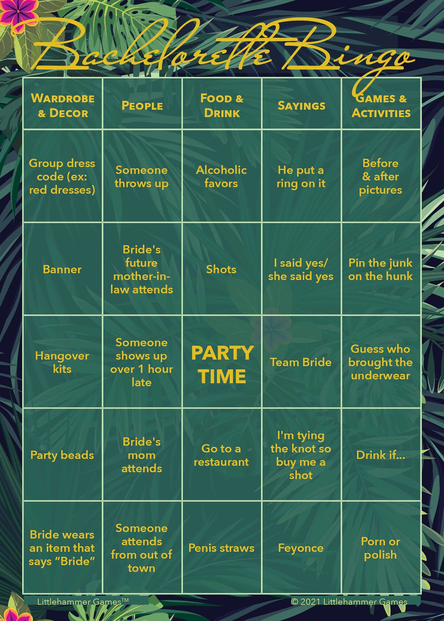 Bachelorette Bingo game card with gold text on a tropical background