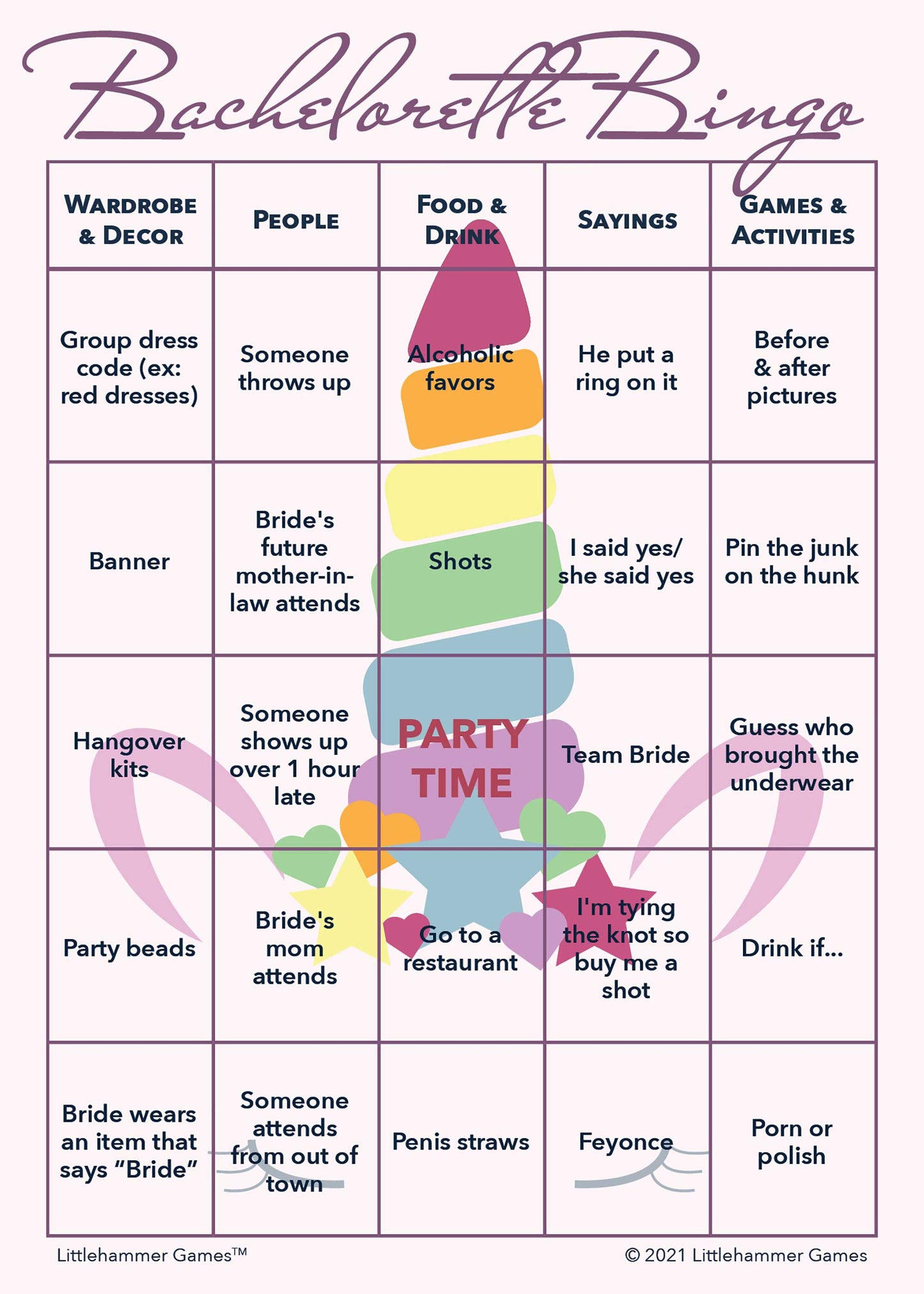 Bachelorette Bingo game card with a unicorn-themed background