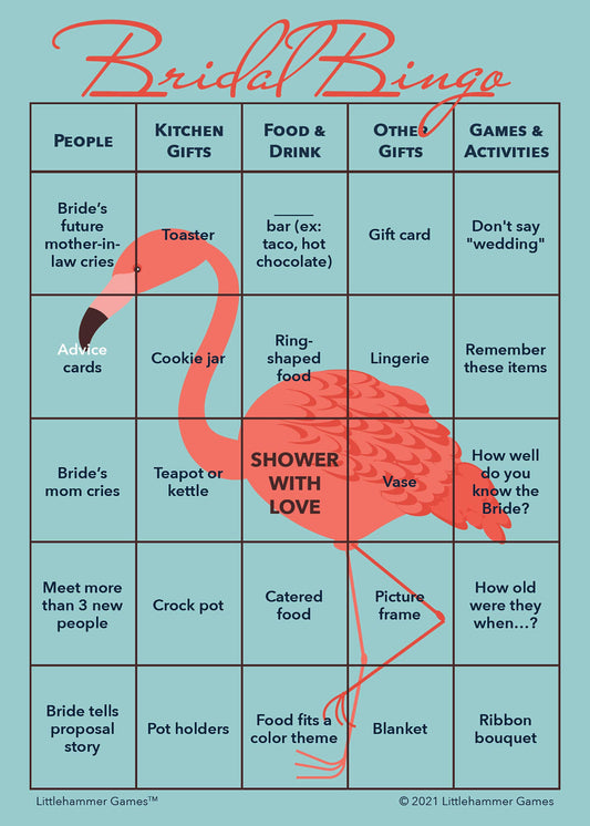 Bridal Bingo game card with a bright flamingo on a blue background