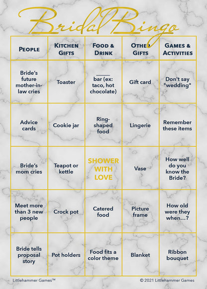 Bridal Bingo game card with gold text on a marble background