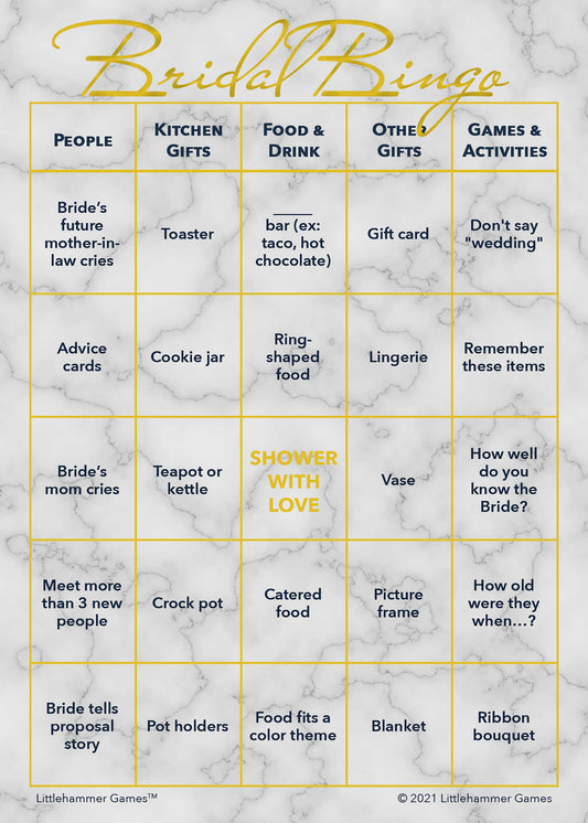 Bridal Bingo game card with gold text on a marble background