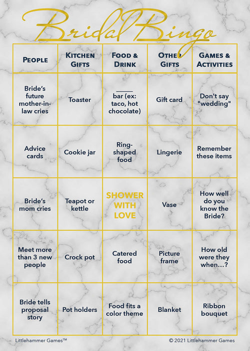 Bridal Bingo game card with gold text on a marble background