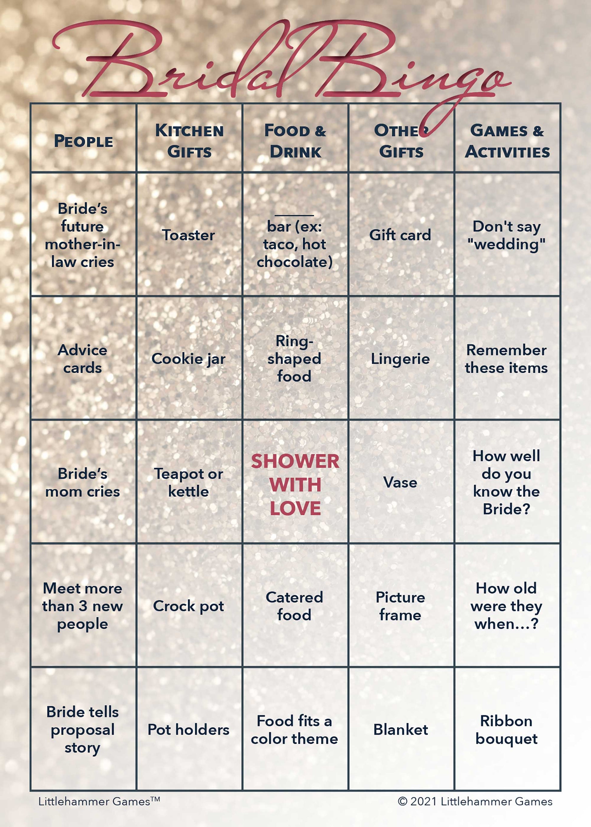 Bridal Bingo game card with a glittery rose gold background