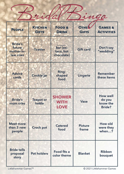Bridal Bingo game card with a glittery rose gold background
